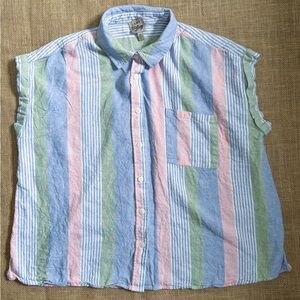 Womens Pastel Striped Linen Blend Button Down Shirt 2X Boho Cottage Core